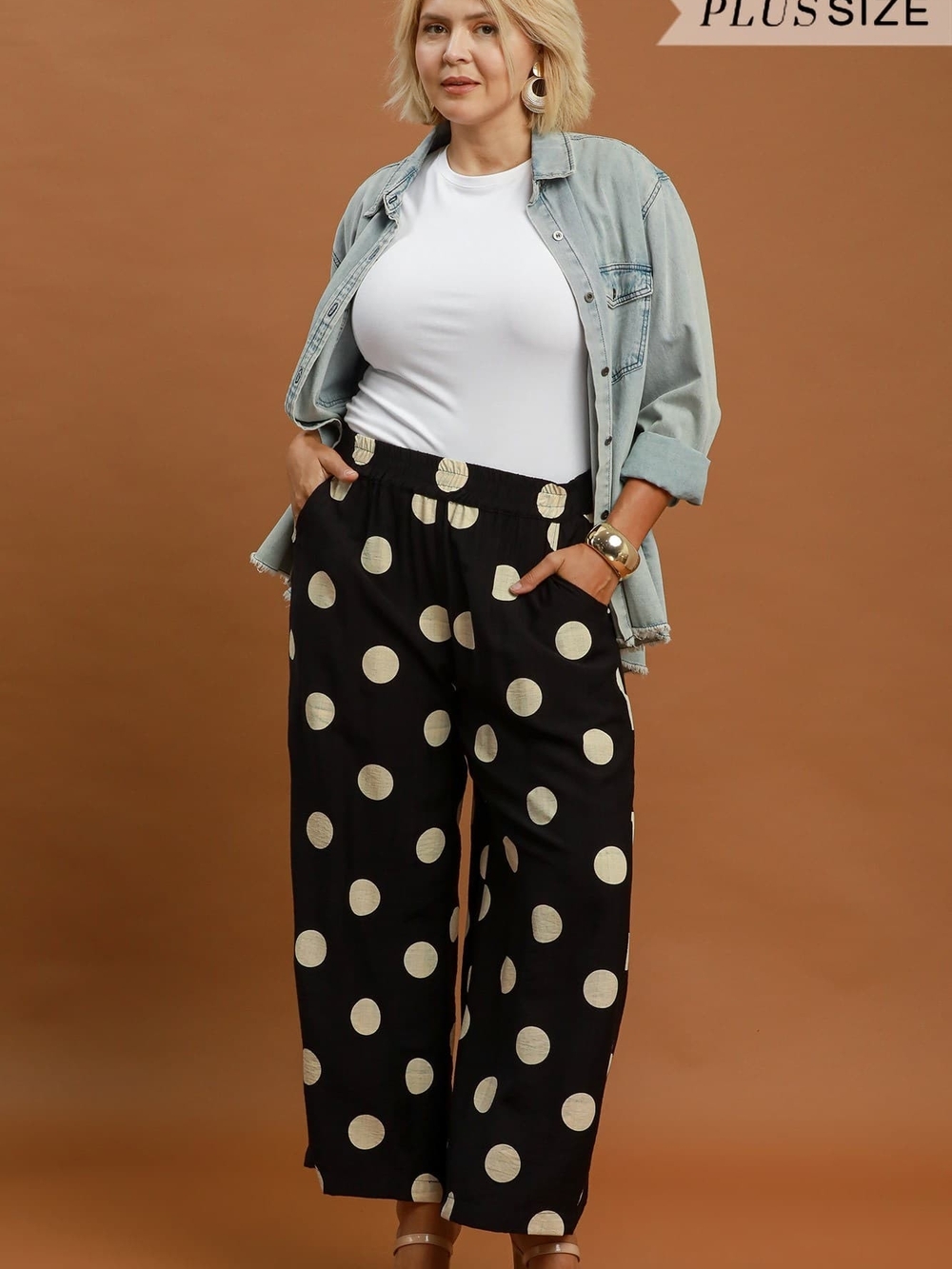 Umgee Black Wide-Leg Pants with Cream Polka Dots